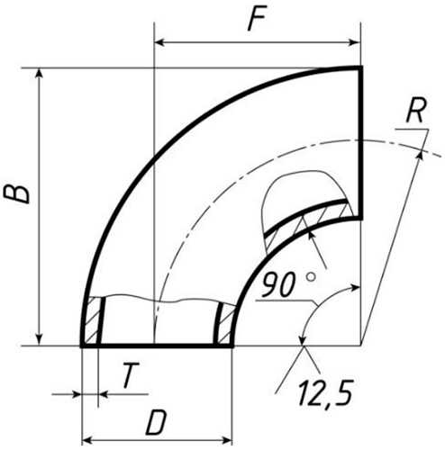 Отвод бесшовный крутоизогнутый 90° Св-Св-Ст20 4″ Ду100 Ру40 ГОСТ 17375-2001 исполнение 2, наружный диаметр - 108мм, толщина стенки - 3.5мм, корпус - сталь 20, присоединение - под приварку