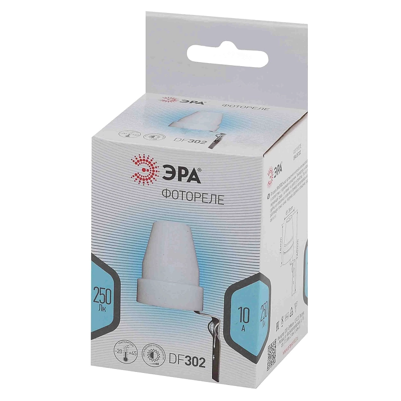Фотореле ЭРА DF 302 с датчиком освещенности, максимальная нагрузка 2200Вт, 10A, IP44, серый Б0043805